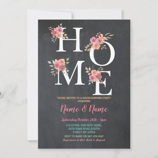 Housewarming Party HOME Floral Pink Chalk Moving Kaart (Voorkant)