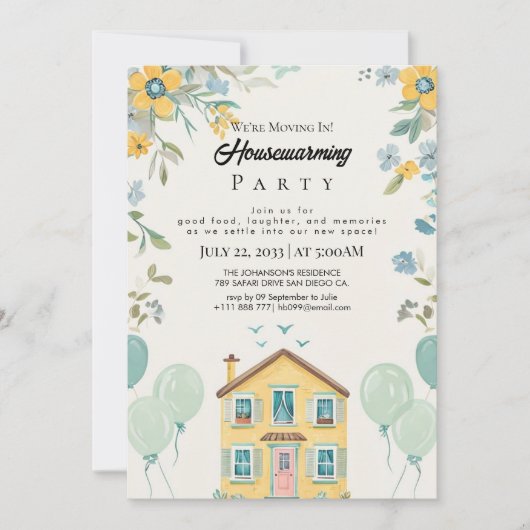 Housewarming Party Invitation Floral New Home Cele Kaart (Voorkant)