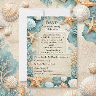 Housewarming Party Kust Zandstrand Schelpen RSVP Kaartje