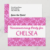 Housewarming Party met Pink Damask A04 Aankondigingskaart (Voorkant / Achterkant)