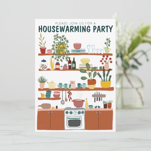 Housewarming Party Nodig Schattigee Kunst Gezellig Kaart (Staand voorkant)