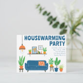 Housewarming Party Nodig Schattigee Woonkamer Bank Briefkaart (Staand voorkant)
