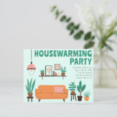 Housewarming Party Nodig Schattigee Woonkamer Bank Briefkaart (Staand voorkant)