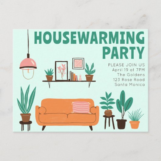 Housewarming Party Nodig Schattigee Woonkamer Bank Briefkaart (Voorkant)