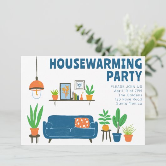 Housewarming Party Nodig Schattigee Woonkamer Bank Kaart (Staand voorkant)