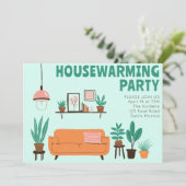 Housewarming Party Nodig Schattigee Woonkamer Bank Kaart (Staand voorkant)