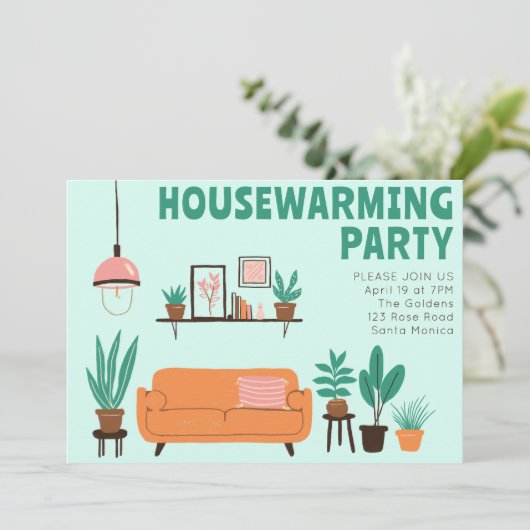 Housewarming Party Nodig Schattigee Woonkamer Bank Kaart (Staand voorkant)