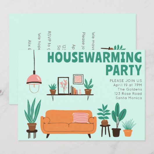Housewarming Party Nodig Schattigee Woonkamer Bank Kaart (Voorkant / Achterkant)