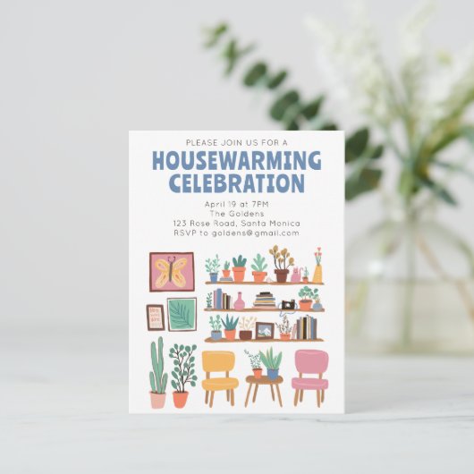 Housewarming Party Nodig Schattigee woonkamer plan Briefkaart (Staand voorkant)