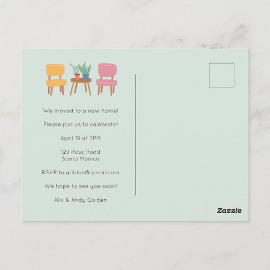 Housewarming Party Nodig Schattigee woonkamer Post Briefkaart (Achterkant)