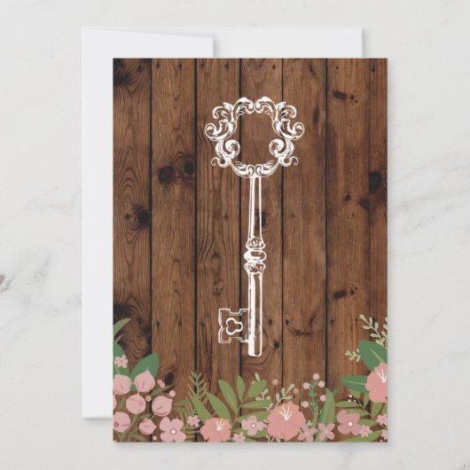 Housewarming Party Rustial Floral Wood Key Invite Kaart (Achterkant)