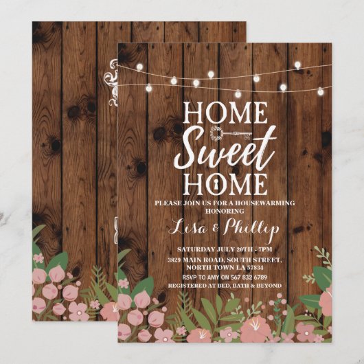 Housewarming Party Rustial Floral Wood Key Invite Kaart (Voorkant / Achterkant)