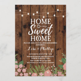 Housewarming Party Rustial Floral Wood Key Invite Kaart