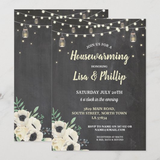 Housewarming Party Rustic Fireflies Chalk Invite Kaart (Voorkant / Achterkant)