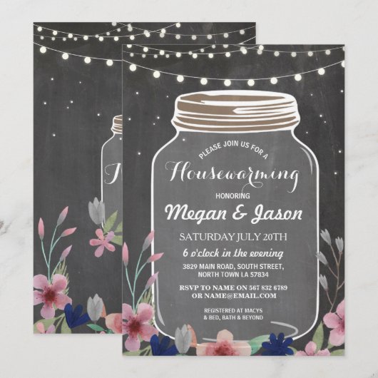 Housewarming Party Rustic Jar Chalk Floral Invite Kaart (Voorkant / Achterkant)