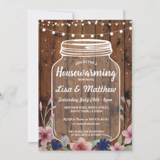 Housewarming Party Rustic Jar Wood Floral Invite Kaart (Voorkant)