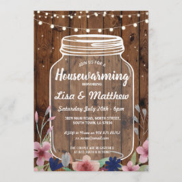 Housewarming Party Rustic Jar Wood Floral Invite Kaart