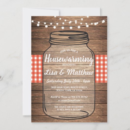 Housewarming Party Rustic Jar Wood Red Gingham Kaart (Voorkant)