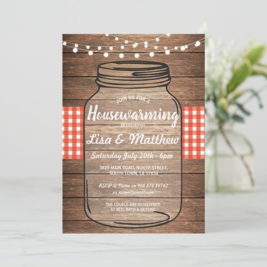 Housewarming Party Rustic Jar Wood Red Gingham Kaart (Staand voorkant)
