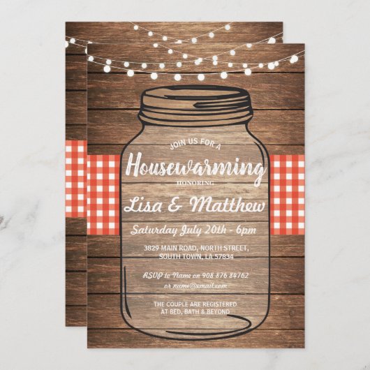 Housewarming Party Rustic Jar Wood Red Gingham Kaart (Voorkant / Achterkant)