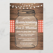 Housewarming Party Rustic Jar Wood Red Gingham