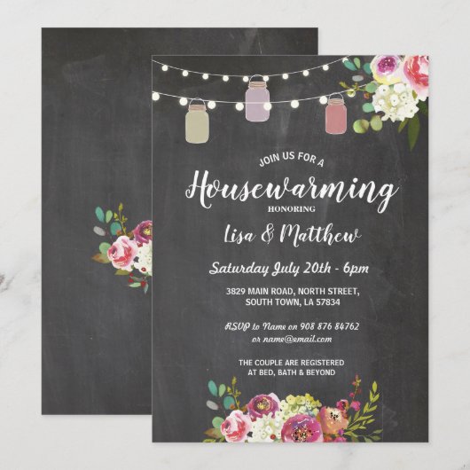 Housewarming Party Rustic Jars Chalk Floral Invite Kaart (Voorkant / Achterkant)