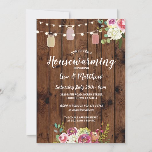 Housewarming Party Rustic Jars Wood Floral Invite Kaart (Voorkant)