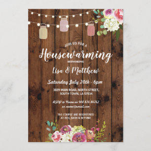 Housewarming Party Rustic Jars Wood Floral Invite Kaart