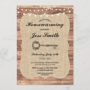 Housewarming Party Rustic Wood Burlap BBQ Uitnodig Kaart