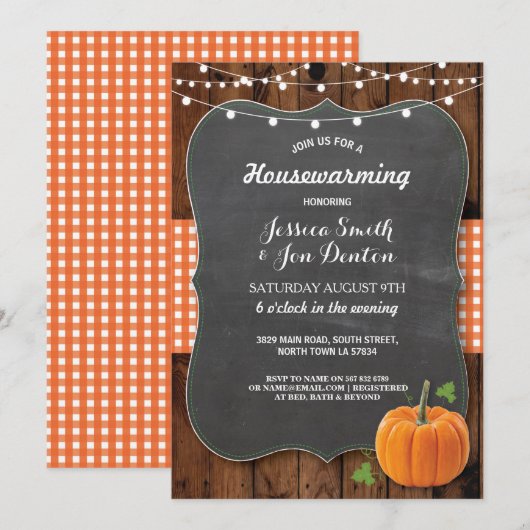 Housewarming Party Rustic Wood Pumpkin Chalk Kaart (Voorkant / Achterkant)