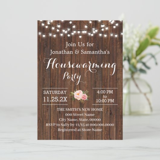 Housewarming Party Rustic Wooden Pink Flowers Kaart (Staand voorkant)