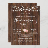 Housewarming Party Rustic Wooden Pink Flowers Kaart (Voorkant / Achterkant)