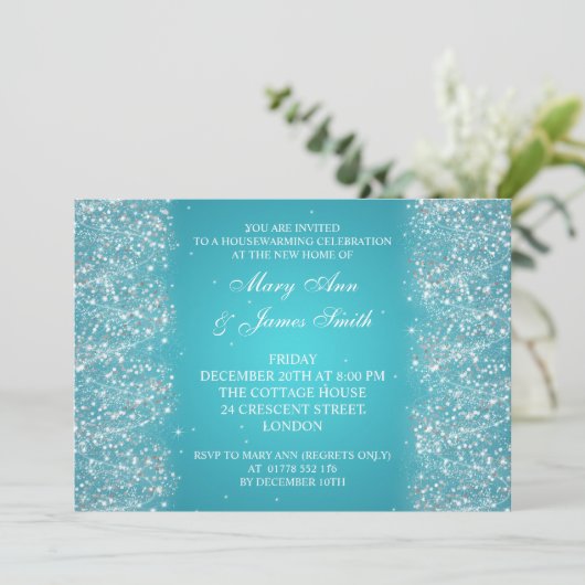 Housewarming Party Sparking Glitter Turquoise Kaart (Staand voorkant)