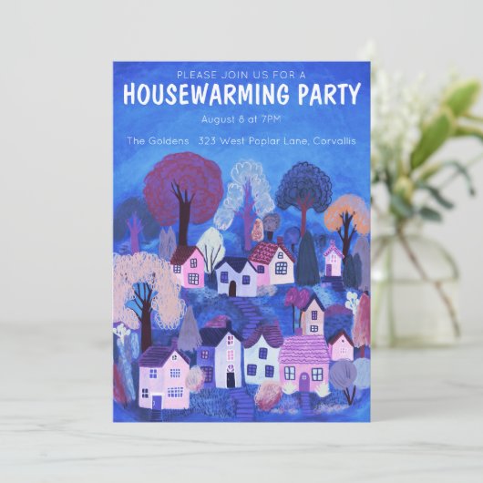 Housewarming Party Tekening Schattige Landdorp Kaart (Staand voorkant)