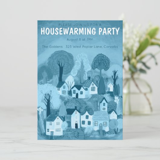 Housewarming Party Tekening Schattige Landdorp Kaart (Staand voorkant)