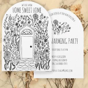 HOUSEWARMING PARTY Tuin Door Hand getrokken Doodle Kaart