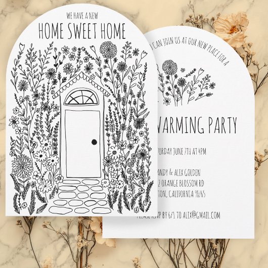 HOUSEWARMING PARTY Tuin Door Hand getrokken Doodle Kaart