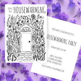 HOUSEWARMING PARTY Tuin Door Hand getrokken Doodle Kaart