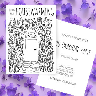 HOUSEWARMING PARTY Tuin Door Hand getrokken Doodle Kaart