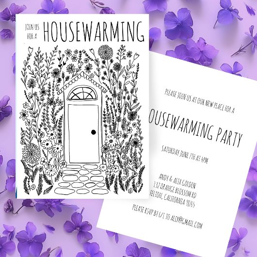 HOUSEWARMING PARTY Tuin Door Hand getrokken Doodle Kaart