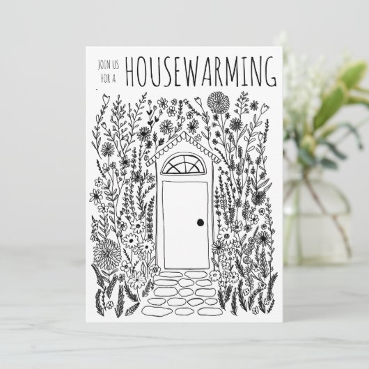 HOUSEWARMING PARTY Tuin Door Hand getrokken Doodle Kaart (Staand voorkant)