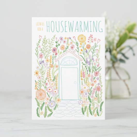 HOUSEWARMING PARTY Tuin Door Kleurrijke Doodle Kaart (Staand voorkant)