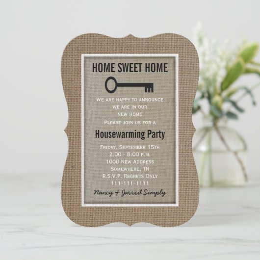 Housewarming Party Uitnodiging Burlap (Staand voorkant)