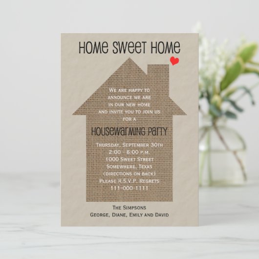 Housewarming Party Uitnodiging Burlap House (Staand voorkant)