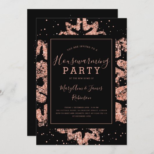 Housewarming Party | Winter Glitter Roze Goud Kaart (Voorkant / Achterkant)