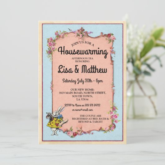 Housewarming Party Wonderland Rabbit Tea Invite Kaart (Staand voorkant)