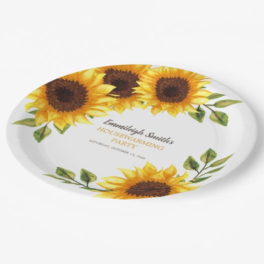 Housewarming Party Yellow Brown Sunflower White Papieren Bordje (Gekanteld)