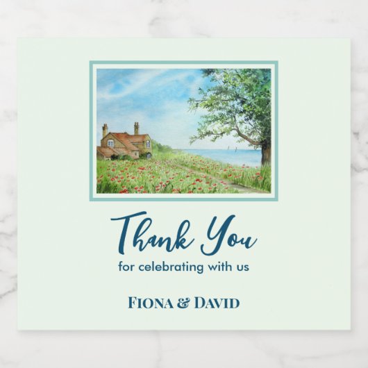 Housewarming Poppy Field Landscape Waterverf Sparkling Wijnetiket (Enkel label)