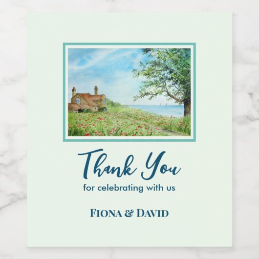 Housewarming Poppy Field Landscape Waterverf Wijn Etiket (Enkel label)