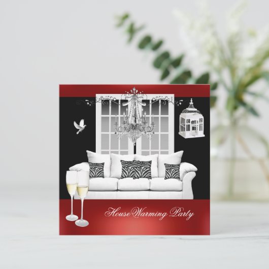 HouseWarming Red White Black Chandelier Kaart (Staand voorkant)